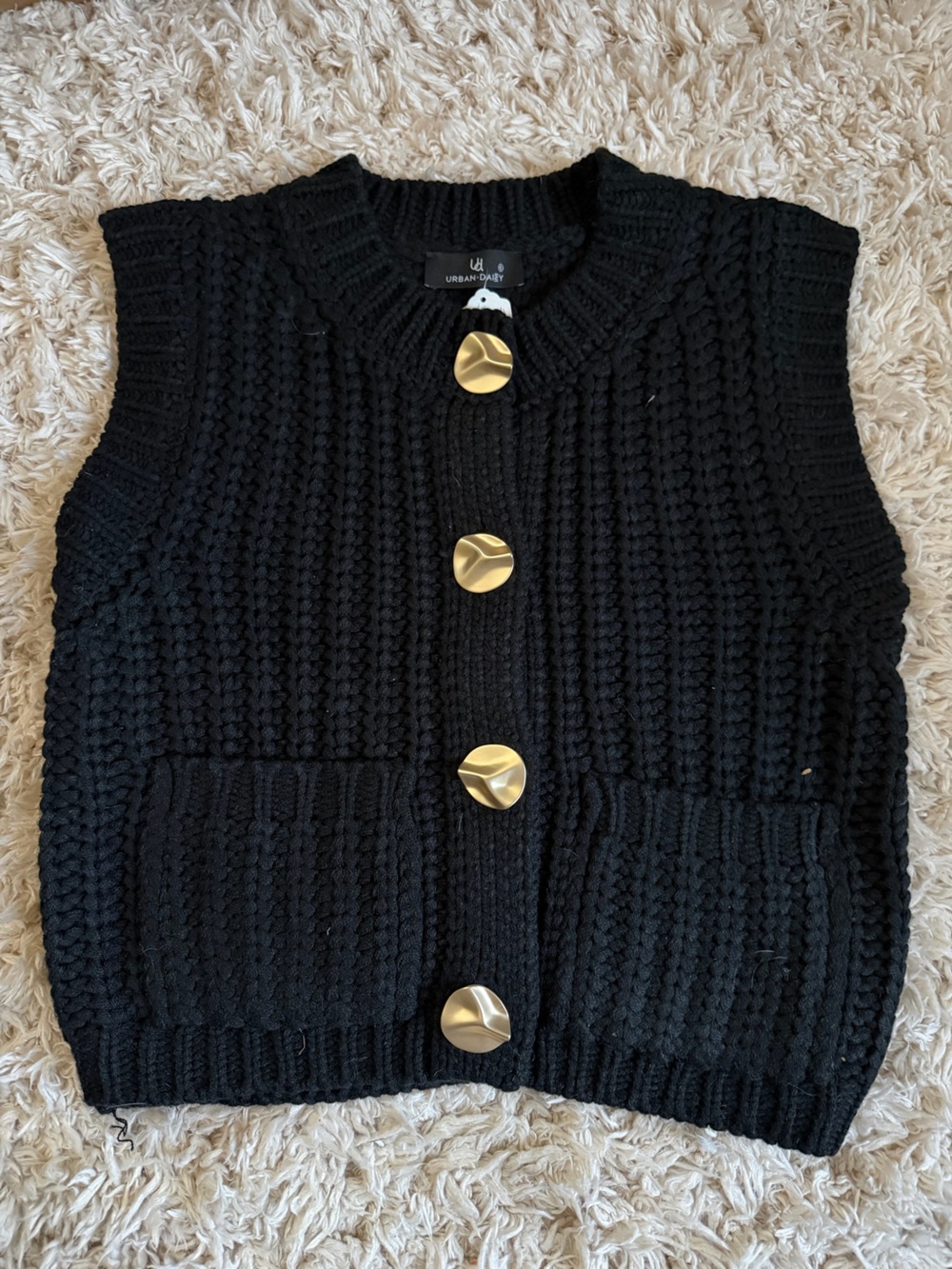 Black Chunky Knit Women's Sweater with Gold Buttons - Size Small